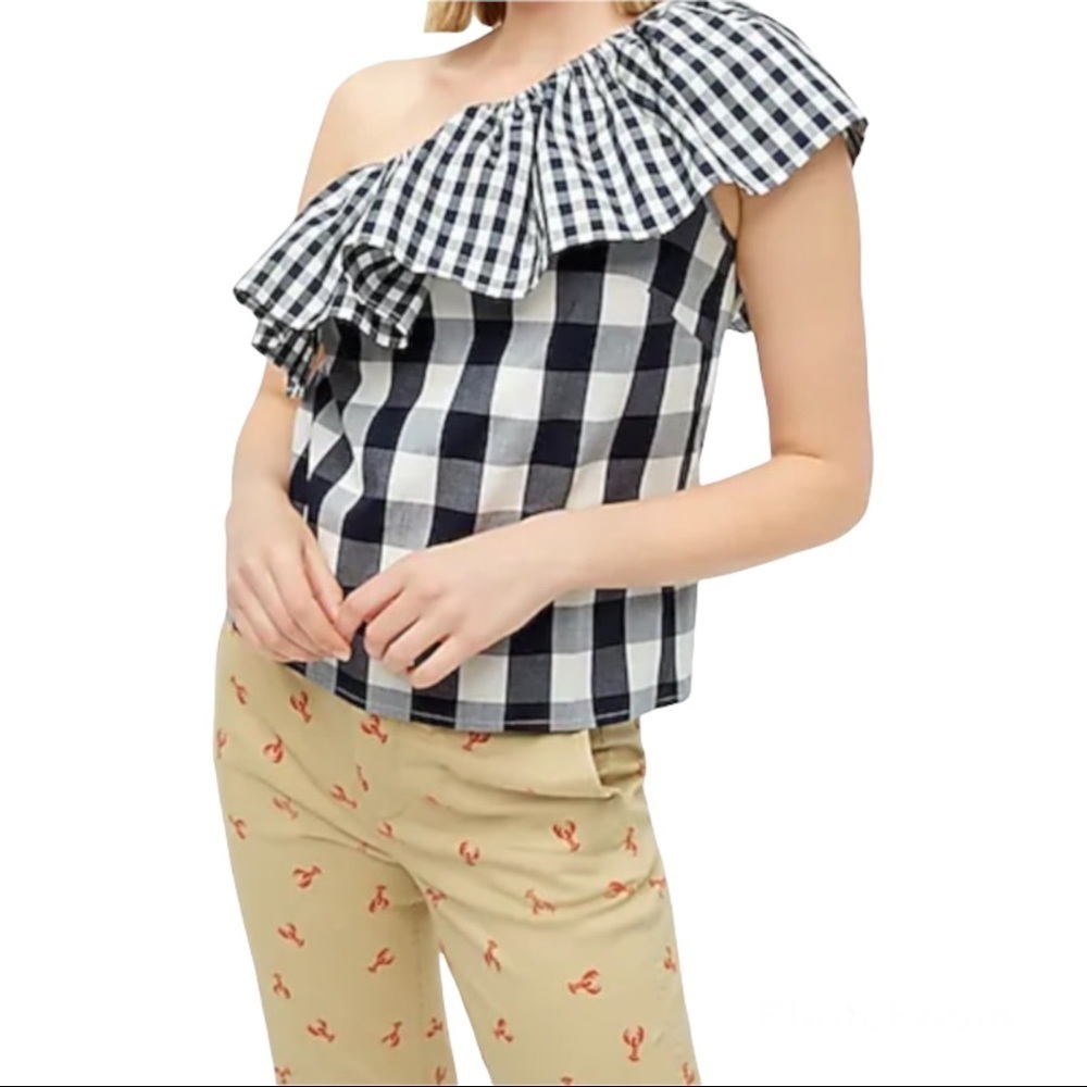 J. Crew Cotton Poplin Ruffle Shoulder Top Gingham Print